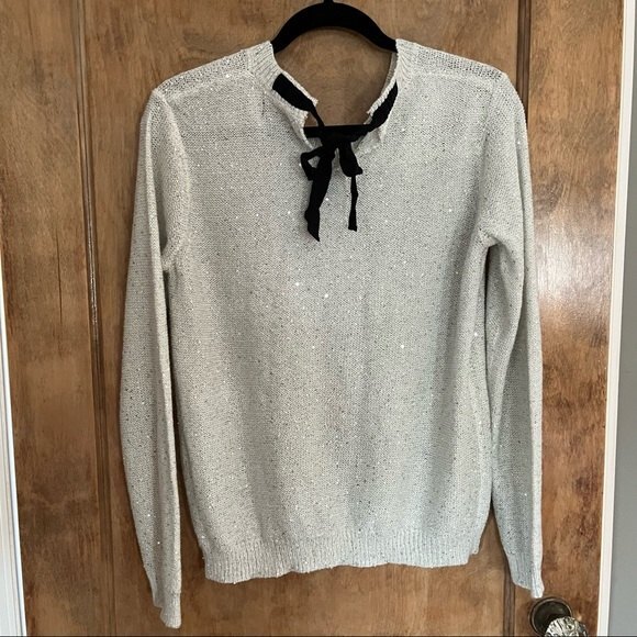 a.n.a Ana Womens Misses Gray Metallic Sequin Bow Tie Back Sweater - Picture 7 of 10